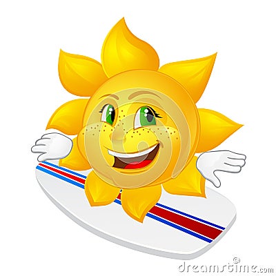 Cartoon sun with freckles on surfboard Stock Photo