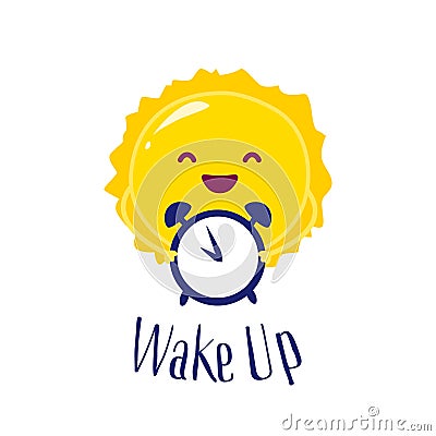 Cartoon sun holding a clock. Wake up poster. Flat style. Vector Vector Illustration