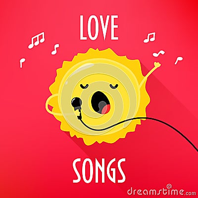 Cartoon sun with microphone sings love songs. Cute music card for karaoke album. Flat style. Vector illustration Vector Illustration