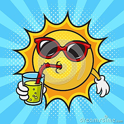 cartoon sun in sunglasses drinking cool drink Cartoon Illustration