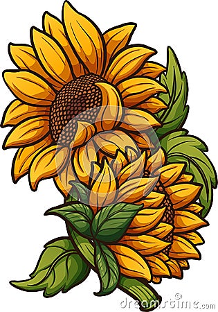 Cartoon sunflower plant with two flowers Vector Illustration