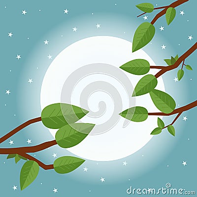 Cartoon sunset. Flat vector illustration, trees, leaf, moon and Vector Illustration