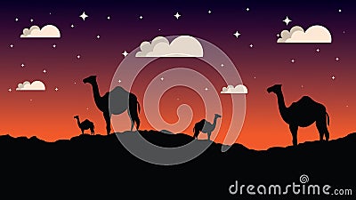 Cartoon sunset Mountain Landscape Background with trees and fields. Copy Space. Vector Illustration