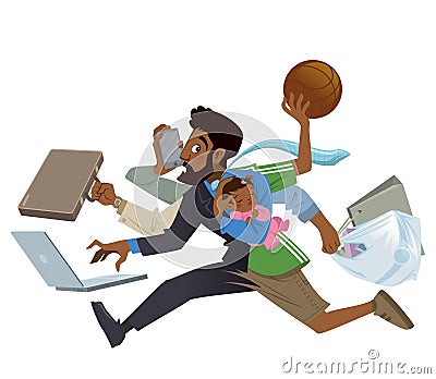 Cartoon super busy black man and father multitasking in work Vector Illustration