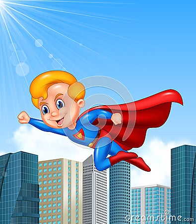 Cartoon superhero boy with skyscraper background Vector Illustration