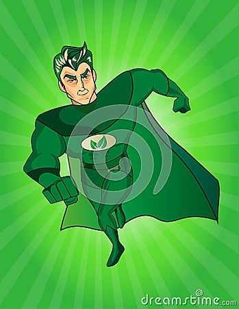 A cartoon superhero character with a green cape and costume Vector Illustration