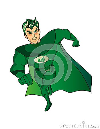 A cartoon superhero character with a green cape and costume Vector Illustration