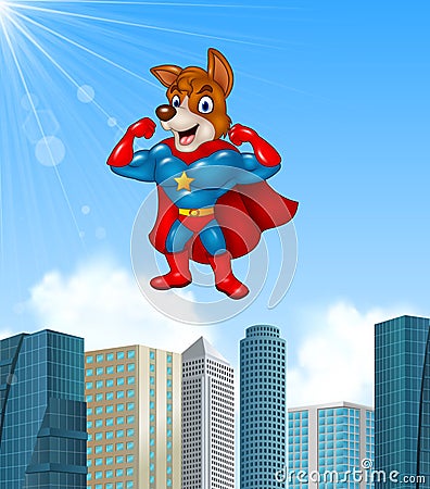 Cartoon superhero dog with skyscraper background Vector Illustration