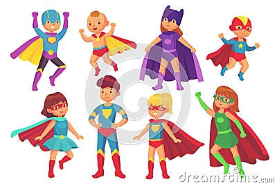 Cartoon superhero kids characters. Joyful kid wearing super hero costume with mask and cloak. Children superheroes Vector Illustration