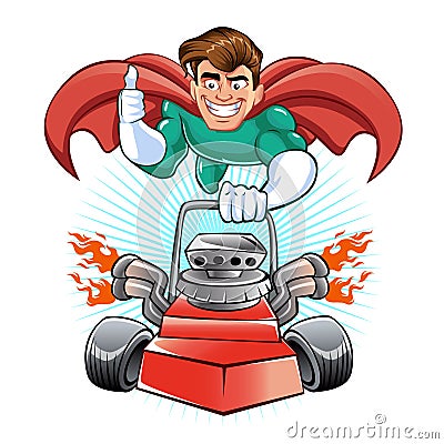 Cartoon superhero with lawn mower Vector Illustration