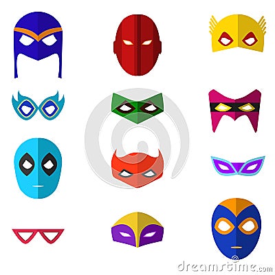 Cartoon Superhero Mask Color Icons Set. Vector Vector Illustration