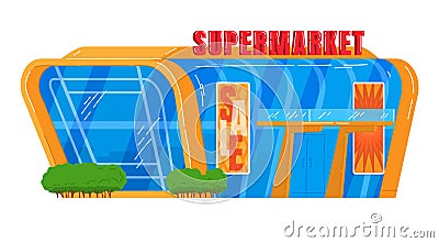 Cartoon supermarket facade with sale signs. Bright blue and orange storefront illustration. Shopping and retail theme Vector Illustration