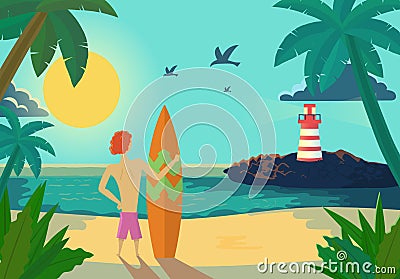 Cartoon Surfer holding a surf board on tropical beach. Vector Vector Illustration