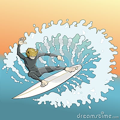 Cartoon surfer makes cutback turn on wave Vector Illustration