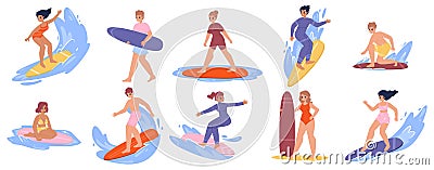 Cartoon surfers on surfboards. Surfing characters, summer teenagers active life. Young adults with surf, sea or ocean Vector Illustration