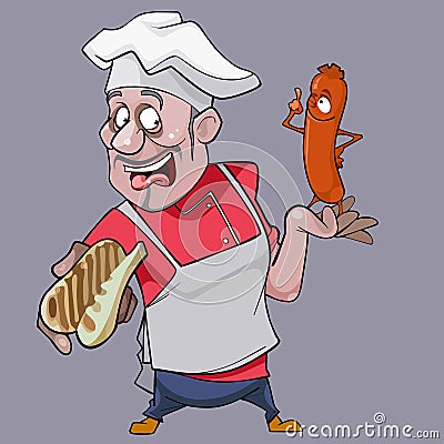 Cartoon surprised man cook holding a bread and a sausage Vector Illustration