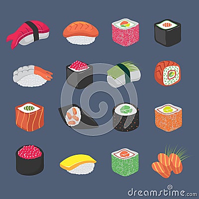 Cartoon sushi rolls japanese cuisine seafood vector set Vector Illustration