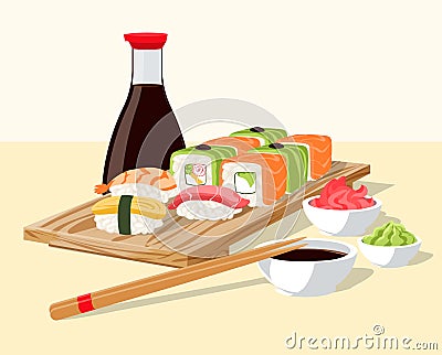 Cartoon sushi and sashimi. Asian dish with salmon and rice. Japanese cuisine concept. Wooden plate and chopsticks. Fish Vector Illustration