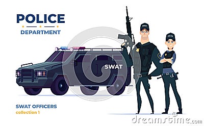 Cartoon swat officers man and woman team in armor. Safety officers with swat car. Guardians of law and order. Vector Illustration