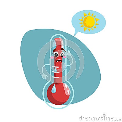 Cartoon sweating thermometer mascot. Weather funny symbol. climate speaking character. Speech bubble with sun. Vector illustration Vector Illustration