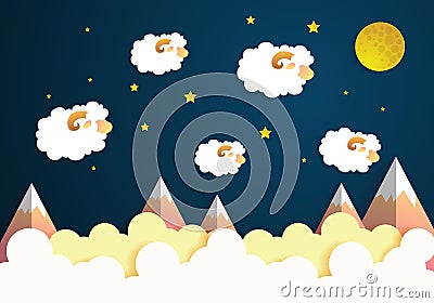 Cartoon Sweet Dreams with Sheep, Moon and Stars on sky.paper art Vector Illustration