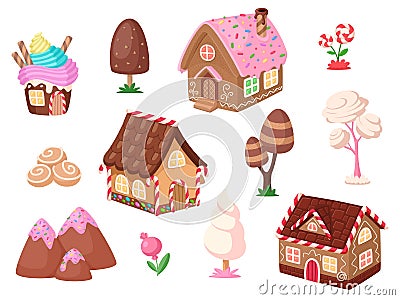 Cartoon sweet element. Candy cupcake house, dessert tree and flowers. Chocolate and ginger cookies home, garish game Vector Illustration