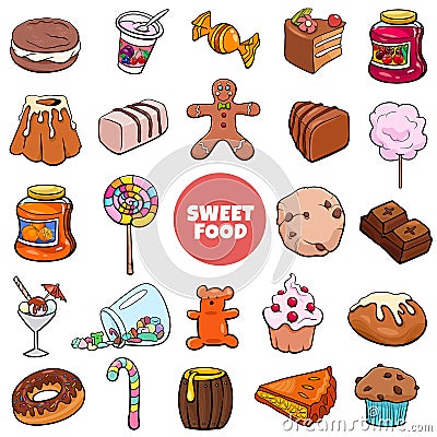 Cartoon sweet food objects and candies set Vector Illustration