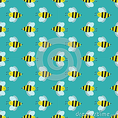 Cartoon sweet yellow bee summer worker bug hand drawn seamless pattern honey nature nector. Vector Illustration