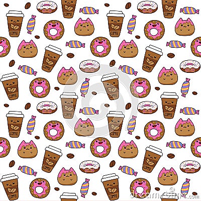 Cartoon sweets, cups, coffee beans, candies, donuts. Seamless pattern on brown background. Vector illustrations Vector Illustration