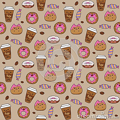 Cartoon sweets, cups, coffee beans, candies, donuts. Seamless pattern on brown background. Vector illustrations Vector Illustration