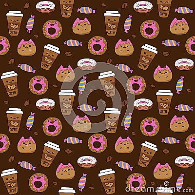 Cartoon sweets, cups, coffee beans, candies, donuts. Seamless pattern on brown background. Vector illustrations Vector Illustration