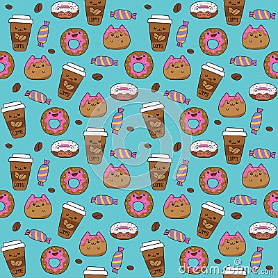 Cartoon sweets, cups, coffee beans, candies, donuts. Seamless pattern on brown background. Vector illustrations Vector Illustration