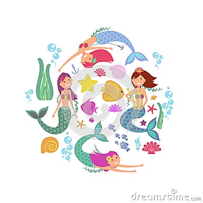 Cartoon swimming mermaids and sea underwater animals vector collection Vector Illustration