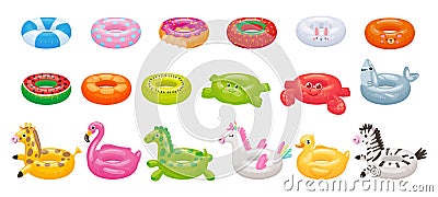 Cartoon swimming ring. Funny flamingo, shark, unicorn and duck floating rings. Summer swimming pool toys vector Vector Illustration