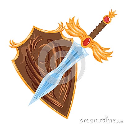 Cartoon sword and shield with a coat of arms with a bird. Protection and strength. Rich knightly uniform. Vector illustration Vector Illustration