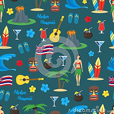 Cartoon Symbol Of Hawaii Seamless Pattern Background. Vector Vector Illustration