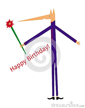 Cartoon symbolic dog in a blue suit with flowers in his hand and the inscription â€“ Happy birthday. Vector Illustration
