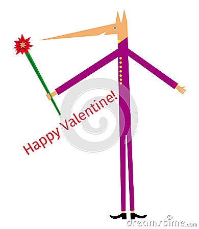 Cartoon symbolic dog in a purple suit with flowers in his hand and the inscription â€“ Happy valentine. Vector Illustration