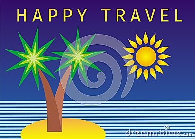 Cartoon symbolic landscape. Island with palm trees, the sea and the sun. Vector Illustration