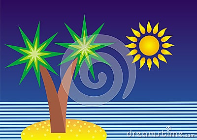 Cartoon symbolic landscape. Island with palm trees, the sea and the sun. Vector Illustration