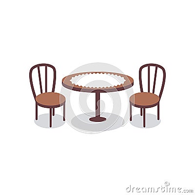 Cartoon table covered with white cloth for two people and wooden chairs icons. Furniture for dining room or cafe Vector Illustration