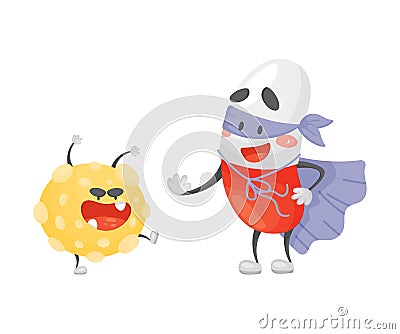 Cartoon tablet capsule in a superhero costume. Vector illustration on a white background. Vector Illustration