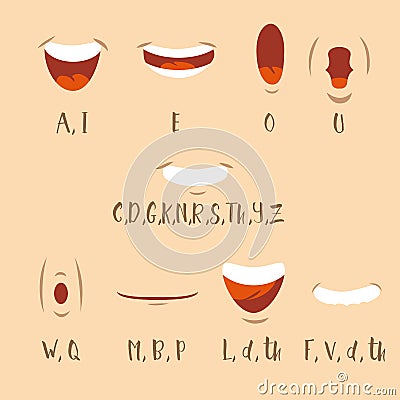 Cartoon talking mouth and lips expressions for animation. Accent Vector Illustration