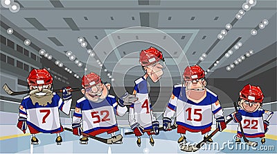 Cartoon team with five funny hockey players on the ice Vector Illustration