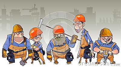 Cartoon team of men in helmets and clothing workers-builders Vector Illustration