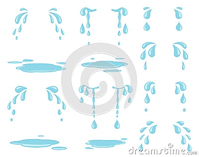 Cartoon tears. Water splash, raining drops and natural stream. Weeping droplets and cry tear. Isolated drip sweat and Vector Illustration