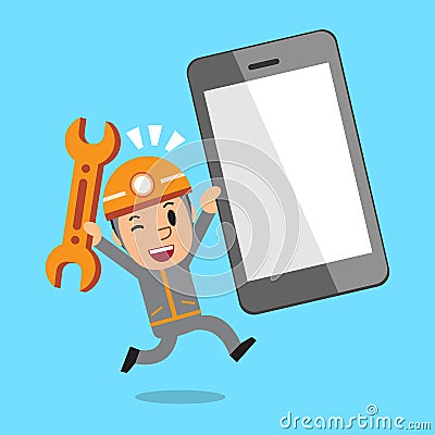 Cartoon technician and big smartphone Vector Illustration