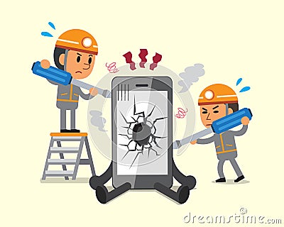 Cartoon technicians repairing smartphone broken smartphone Vector Illustration