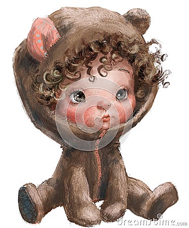 Cartoon teddy bear -baby girl with curled hairs Stock Photo