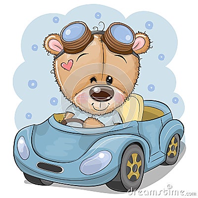 Cartoon Teddy Bear in glasses goes on a Blue car Vector Illustration